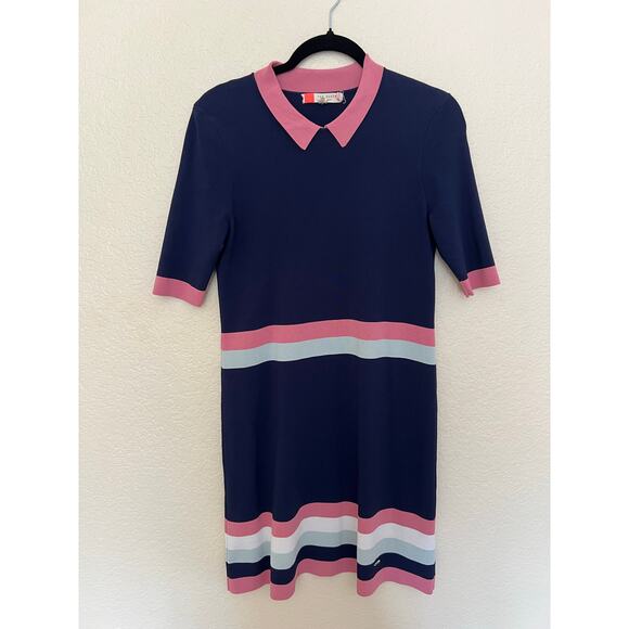 Ted Baker Colour by Numbers “Origami” Striped Knit Polo Dress Navy Pink Size 1 - Picture 3 of 12